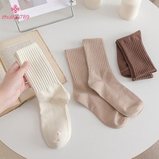 < zhuliye789 > Tất nữ màu đen trắng mùa thu đông Tất ống giữa Hàn Quốc Nhật Bản Ins Xu hướng cà phê Cotton thiết kế cổ điển Tất dành cho học sinh