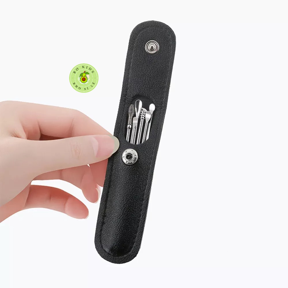 Bộ 6 Dụng Cụ Lấy Ráy Tai Cap Cấp Bọc Túi Da - Dụng Cụ Vệ Sinh Tai Bằng Thép Không Gỉ Tiện Dụng AMIZIN