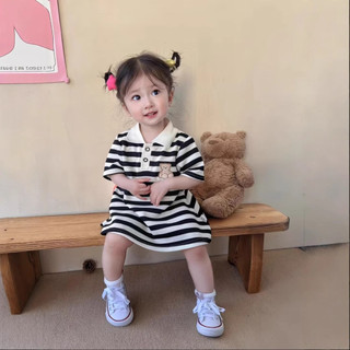 (6m-8Yrs) Mùa Hè Bé Gái Đầm Trẻ Em Đen Trắng Sọc Đầm Đan Thêu Tay Ngắn POLO Áo Sơ Mi
