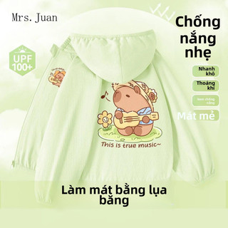 Áo khoác chống nắng bé gái hình Capybara – Vải lạnh mỏng nhẹ, khô nhanh, có mũ che nắng, UPF100+
