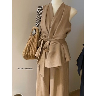 Mới Đơn Giản Không Tay Nẹp-Waist Ren-Up Top + Eo Co Giãn Cao Cấp Quần Ống Rộng Phù Hợp Với Hàng Ngày 2025 Thời Trang Mùa Hè Màu Trơn Có Thể