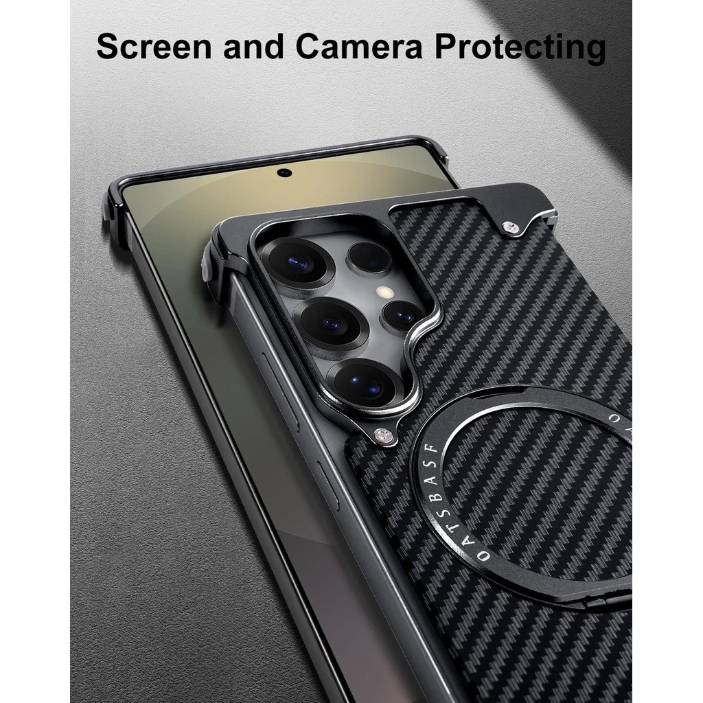 Dành Cho Samsung Galaxy S25 Ultra Ốp Lưng Điện Thoại Kết Cấu Sợi Carbon 360° Chân đế có thể xoay được Vỏ không khung từ tính
