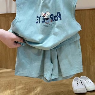 Bộ áo vest cotton mỏng mùa hè cho bé trai, áo thun không tay in hình hoạt hình và quần short hai mảnh