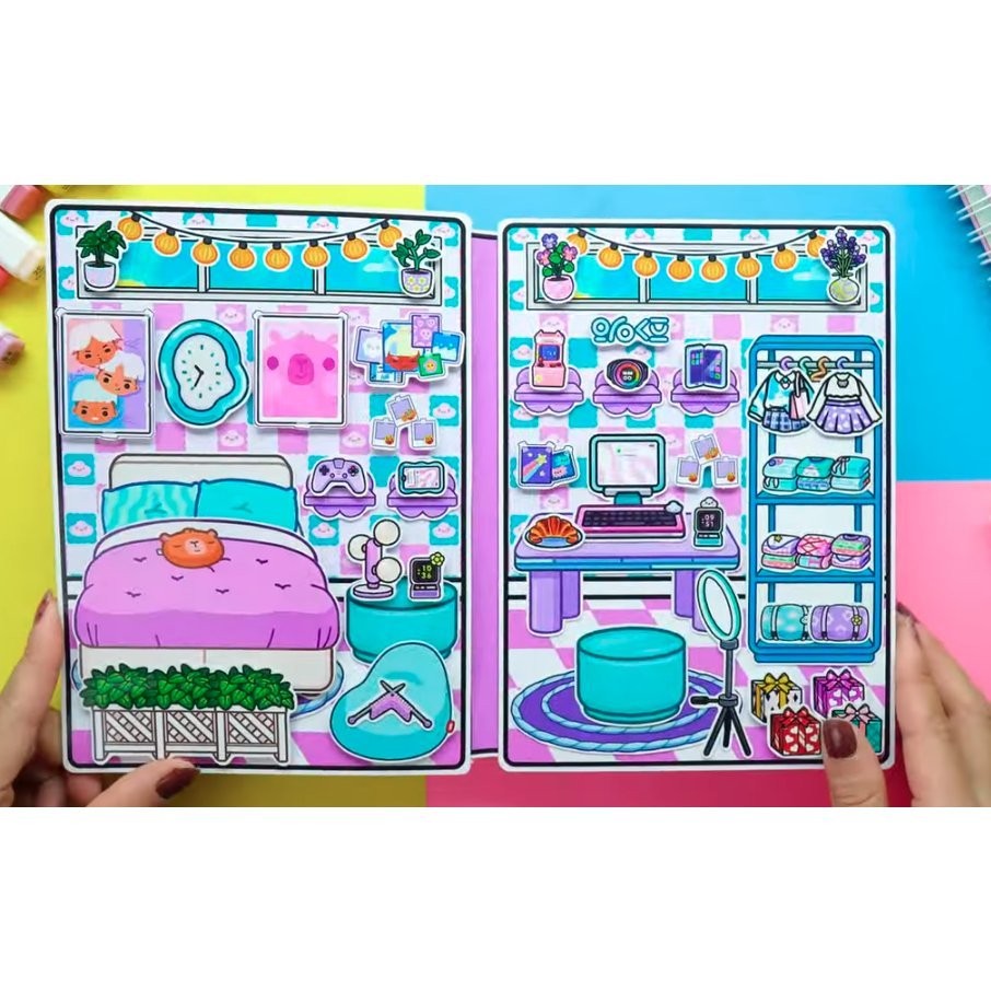 Búp bê giấy đồ chơi bóc dán thủ công  Ngôi nhà Purple and Blue toca boca