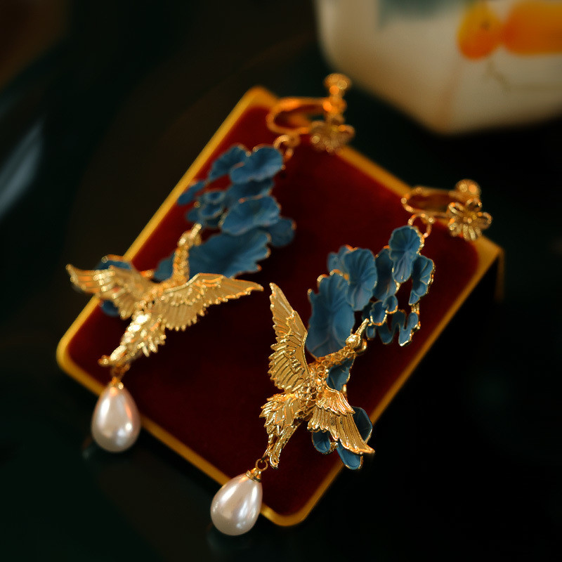Bông Tai Phong Cách Trung Hoa Hoa Micro-Dát Đôi Hạnh Phúc Bông Tai Cung Điện Tính Khí Sườn Xám Cloisonne Kẹp Tai Phong Cách Không Xuyên Phụ Kiện 24.11.26