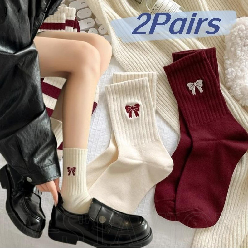 Tất ống giữa nơ đỏ - Tất dày dặn mùa thu đông - Retro, giản dị, thoải mái, thoáng khí - Vớ Cotton giữa ống