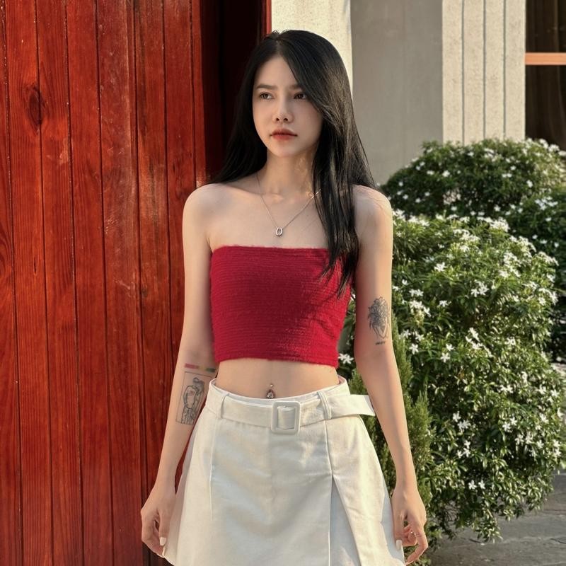 BARE_Áo CropTop Ống Lông Màu Trơn Không Dây Ôm Dáng Vừa Vặn Cho Nữ- A258 Women Tre Voi