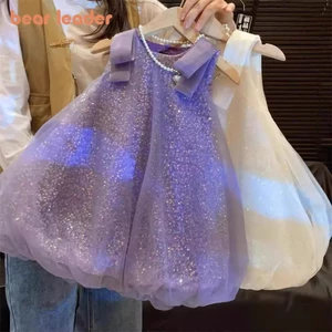 BEAR LEADER Gấu Lãnh Đạo Phiên Bản Hàn Quốc Mùa Hè Mới Cổ Tròn Kim Sa Lấp Lánh Lưới Dự Tiệc Đầm Công Chúa Ngọt Ngào Không Tay Sáng Bóng Quần Áo Bé Gái Nơ Trang Phục Trẻ Em Halloween Năm Mới Trang Phục 2-7 Tuổi Mặc