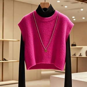 Retro Mềm Mại Waxy Phong Cách Lười Hoa Hồng Hồng Không Tay Áo Chui Đầu Dệt Kim Áo