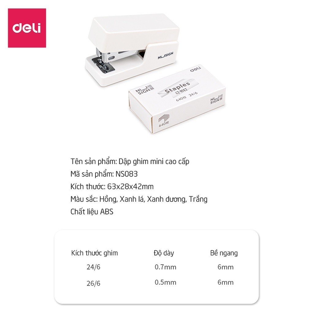 Bấm kim, dập ghim học sinh văn phòng mini DELI 12 tờ tiện lợi, màu PASTEL CUTE - Tặng 1 hộp ghim Nusign số 10.