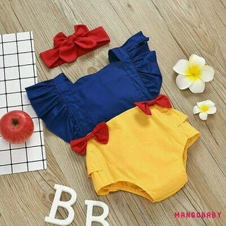 Mg-baby Bộ áo liền quần dễ thương Chiều dài vai Không tay Ruffle Trim Slim Fit Nơ Trang trí Băng đô Jumpsuits Phù hợp với