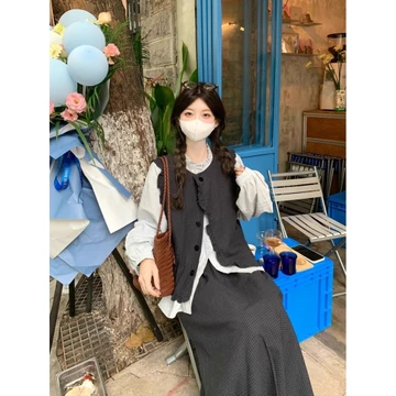 【Bess's house-bigsize】áo sơ mi kiểu+áo gile+chân váy chữ a，set đồ nữ sang chảnh，set đồ nữ đi chơi，Áo vest vest cổ điển mùa xuân thu + áo sơ mi dài tay + váy nửa bộ ba mảnh dành cho nữ，se