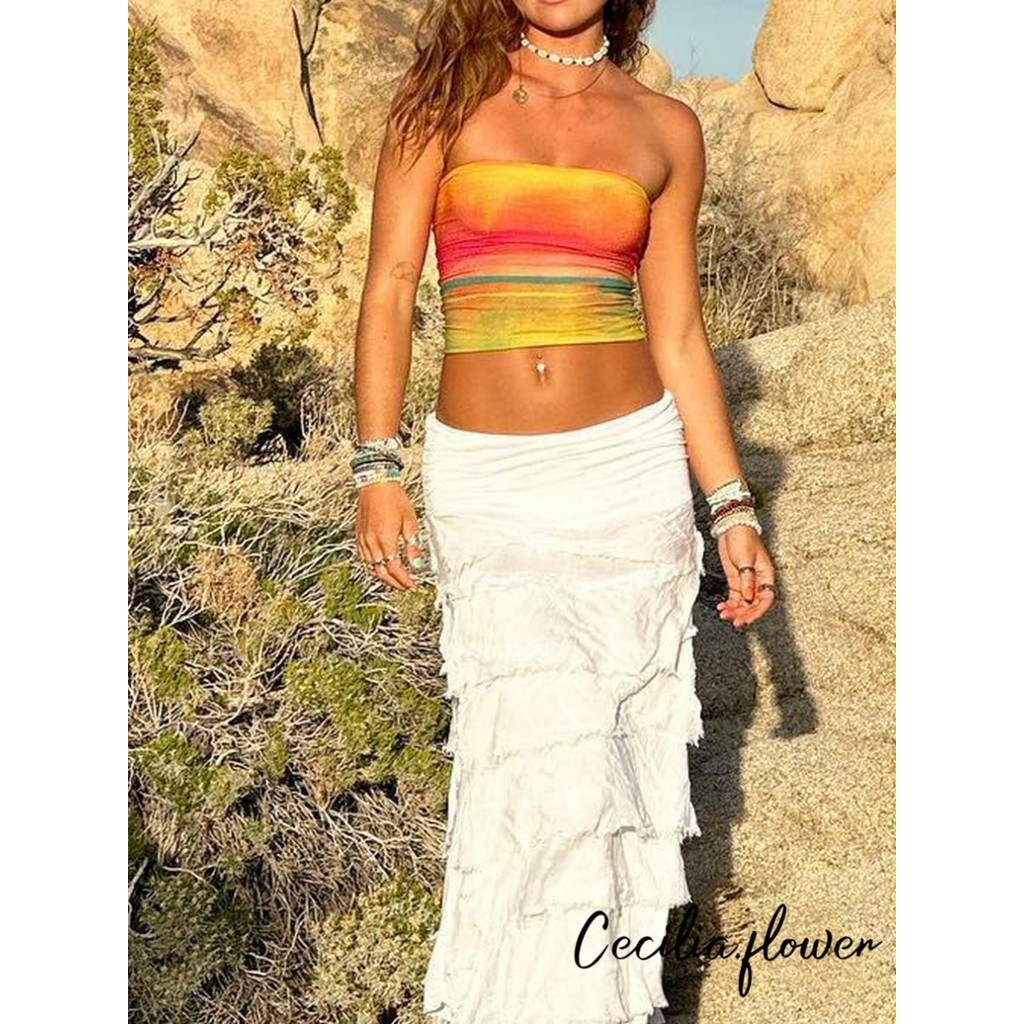 Phụ Nữ Quấn Ngực Ống Áo In Thuyền Cổ Dây Bể Áo Mùa Hè Lưng Bandeau Crop Tops
