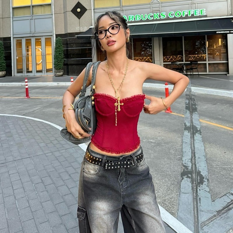 Klalien Xương Cá Gấp Dây Áo Chắp Vá Nhìn Xuyên Qua Skinny Mùa Hè Lưng Hàng Ngày Đường Phố Gợi Cảm Đa Năng Ngọt Ngào Quần Áo