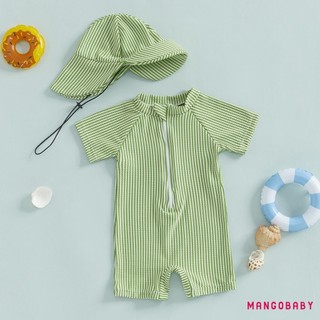 MG-Toddler Bé Trai Sọc Đồ Bơi Tay Ngắn Nửa Dây Kéo Chống Đập Rash Guard Đồ Bơi Sunhat Set