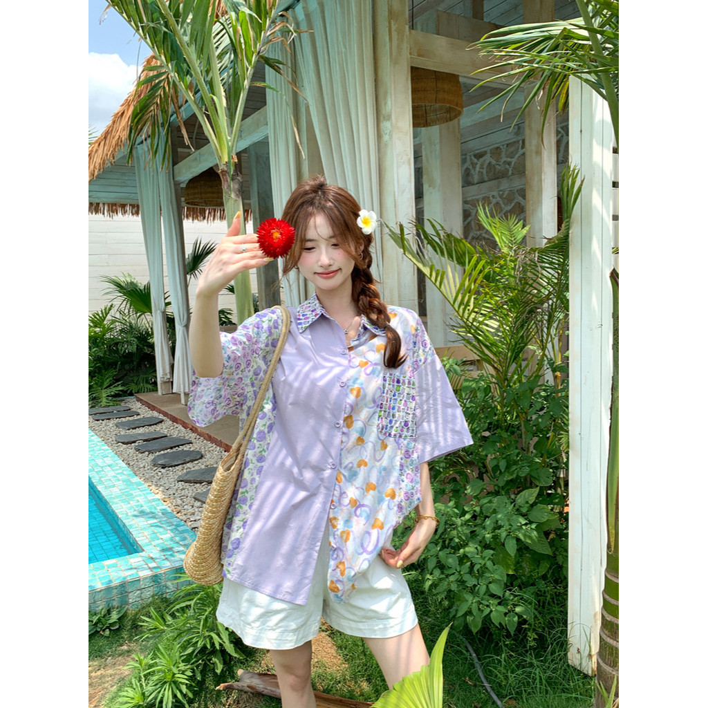 SUXI Áo sơ mi in màu tương phản cổ điển mới dành cho nữ mùa hè 250516