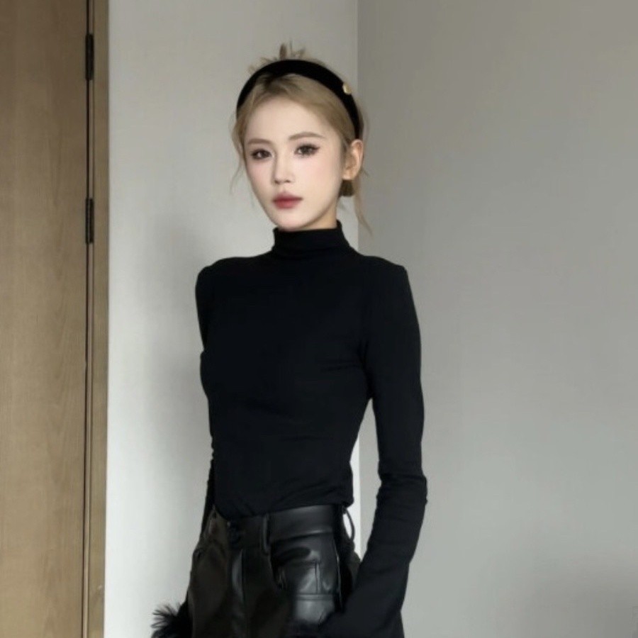 Áo dài tay kiểu Tây lót trong cổ cao lông màu đen phối ghép thu đông mẫu mới Milyfashion áo ôm dáng tôn dáng