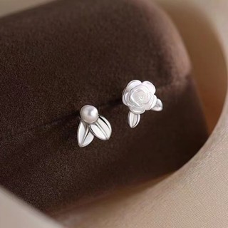 S925 Bạc Camellia Bông Tai Ngọc Trai Trang Sức Thời Trang Đơn Giản Quà Tặng Nữ