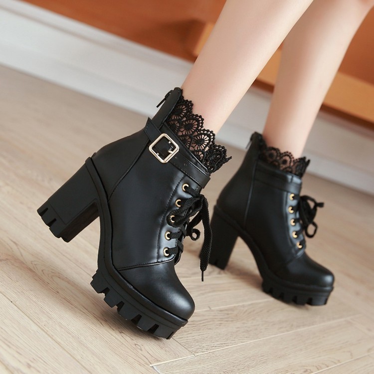 Cỡ 33-43 Size Lớn Size Nhỏ Size ngắn giày bốt đơn mùa xuân thu đông Giày Nữ Giày Bốt Martin dây buộc Gót Thô siêu cao gót Bốt ngắn phong cách Anh