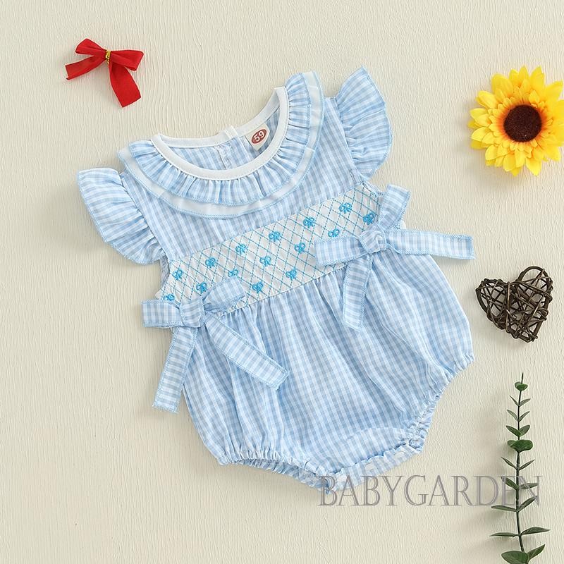 / / -Baby Bé Gái Rompers Nơ Thêu Kẻ Sọc Xù Cổ Tròn Tay Bay Quần Áo