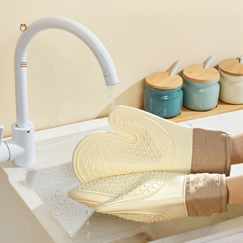 Găng tay lò nướng chịu nhiệt bằng silicon và Cotton có tay cầm chống trượt - Chiều dài mở rộng để nướng, nướng và sử dụng trong nhà bếp (1 đôi)