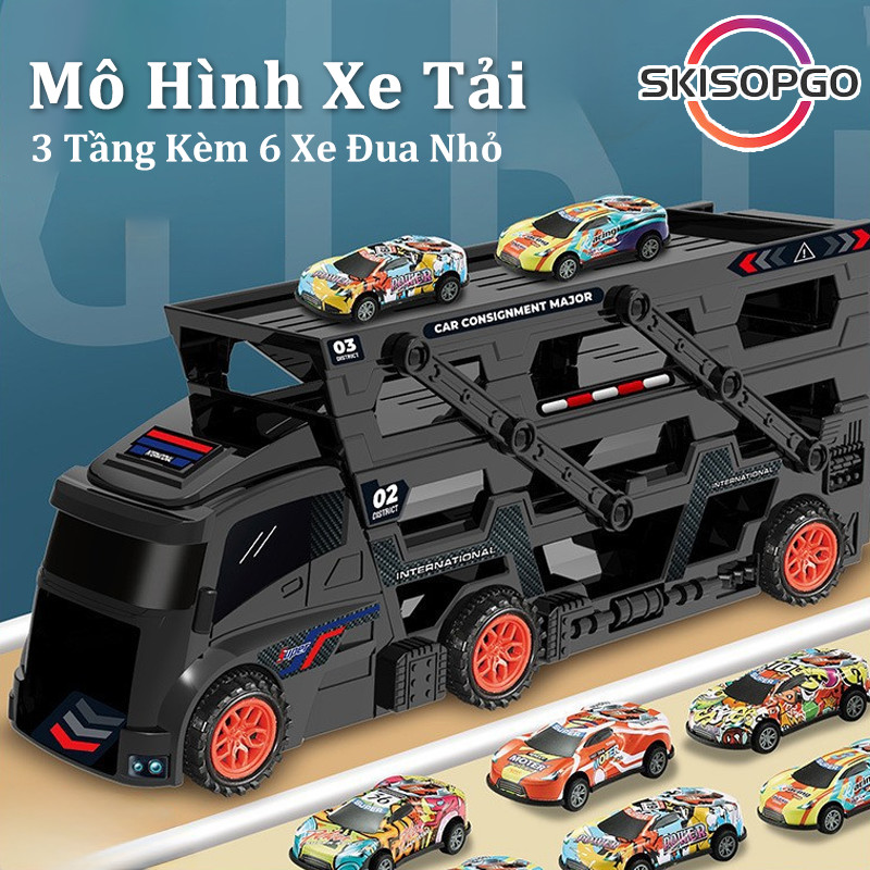 【SKISOPGO】Ô tô đồ chơi xe tải 3 tầng kèm 6 xe đua nhỏ. mô hình đường đua xe có thể gấp gọn, Đồ Chơi Ô Tô Cho Bé Trai