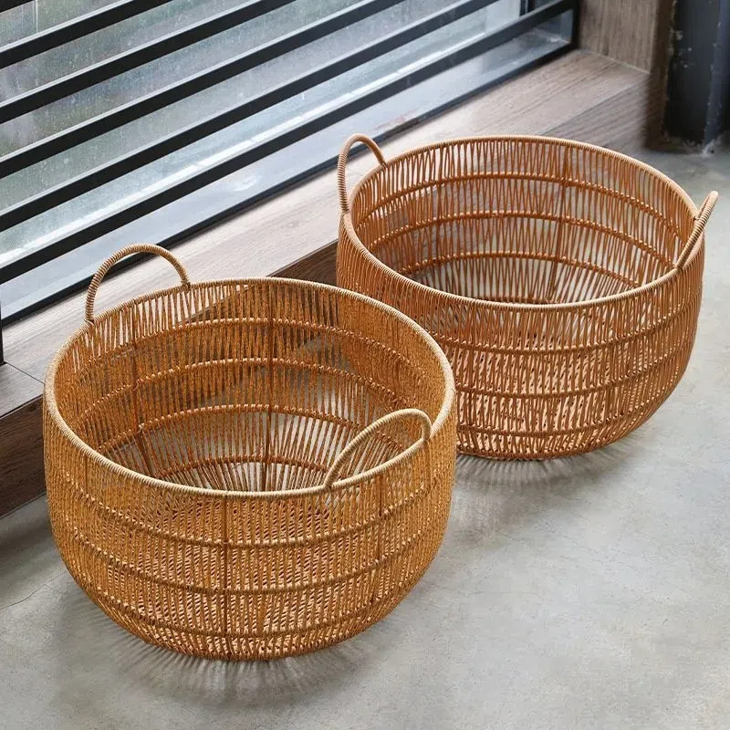 Giỏ Giặt Mây Giả Retro Có Tay Cầm, Phòng Tắm Phòng Ngủ Giỏ Quần Áo Bẩn Rỗng, Đồ Chơi Trẻ Em, Thảm Tập Yoga, Xô Đựng Ô
