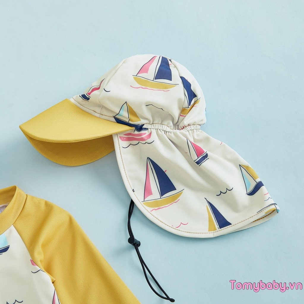 Bộ đồ bơi Baby Boys Rash Guard In thuyền buồm Áo dây kéo dài tay + Quần short chắc chắn + Mũ bơi 3 trang phục