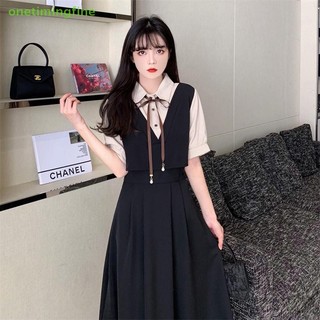 Onetimingfine Chữ A Đơn Giản Giả Hai Miếng Đầm Thời Trang Hàn Quốc Preppy Phong Cách Mùa Hè Vintage Nữ Đầm Maxi VN