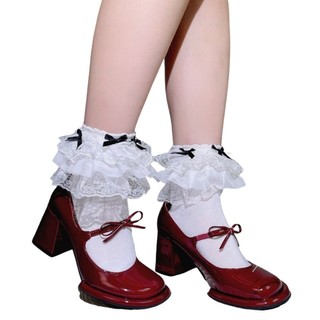 DE Vớ mắt cá nữ chất liệu cotton, thiết kế ren và ruffles viền, thêm phần xinh đẹp với nơ.