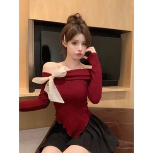 Áo trễ vai nữ sang chảnh trễ vai chất thun len dài tay thắt nơ đính ngọc trai A087 top women