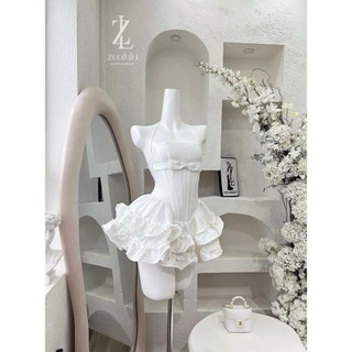 Đầm thiết kế IGU cúp ngực corset dáng ngắn bồng xòe bèo nhún chất liệu taffa , váy xòe cúp ngực đính nơ phù hợp dự tiệc.
