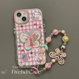 Vỏ + Dây Xích Tương Thích Cho IPhone 16 15 14 13 12 11 Pro XS Max XR X 8 7 6 6s Plus SE INS Sọc ca rô Bướm Mirro Hoạt Hình Chó Con Dễ Thương Màu Hồng Vỏ Điện Thoại Chống Rơi