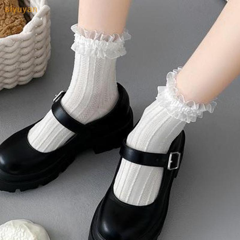 Siyuyan Milky Trắng Nơ Ren Tất Nữ Dễ Thương Gothic Nhật Bản Jk Ren Tất Gothic Hút Mồ Hôi Giữa Ống Tất VN
