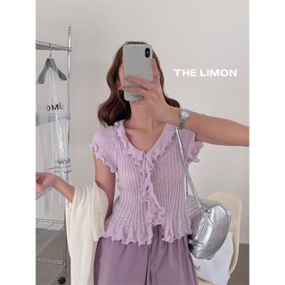 THE LEMON Trà xanh chanh 2025 Mùa hè phong cách Pháp áo len ôm sát nhiều màu viền nhún MNM7