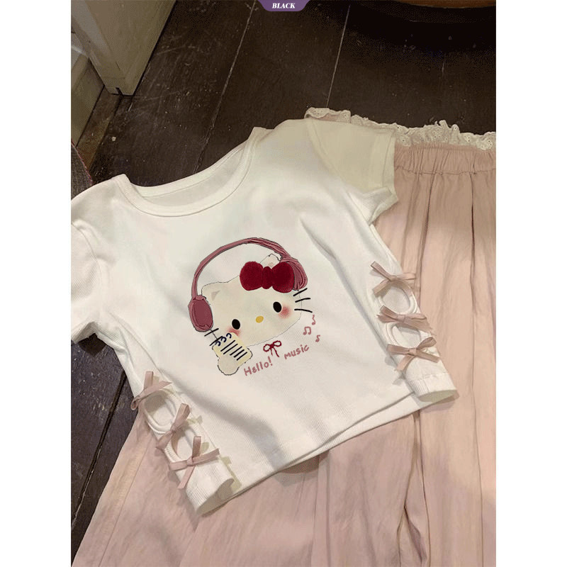 Trắng Spice Girls Áo thun ngắn tay ngắn nữ mùa hè Sweet Spice Slim Hello Kitty Hollow Out Tops [BL]