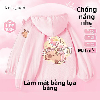 Áo khoác chống nắng bé gái hình Capybara – Vải lạnh mỏng nhẹ, khô nhanh, có mũ che nắng, UPF100+