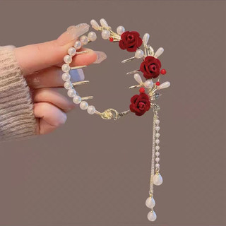 Phong Cách Mới Hoa Hồng Đỏ Tua Rua Đuôi Ngựa Khóa Tóc Bóng Đầu Tấm Kẹp Tóc Mũ Đội Đầu Phụ Kiện Tóc