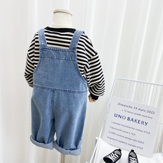 Quần yếm denim mới cho bé gái mùa xuân và mùa thu, quần có túi lớn cho trẻ em, quần dài đơn giản cho bé