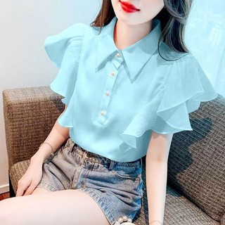 ✨2617 Khen ngợi Xù Bay Tay Áo Sơ Mi Ve Áo Mùa Hè 2024 Thiết Kế Niche Độc Đáo Tay Ngắn Top 25.5.9