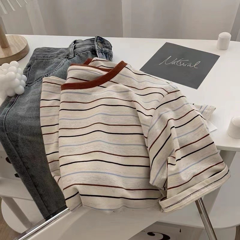Áo thun Cotton sọc đơn giản dành cho nữ mùa hè mới 250512