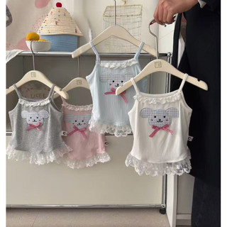 Áo camisole ren trang trí mùa hè cho bé gái, áo thun không tay thêu hoạt hình, áo có nơ dễ thương cho trẻ em