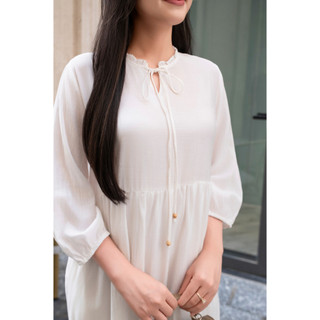 Swanlake | Váy Đầm Vải Tơ Trơn Phom Maxi Cổ Bèo Cột Nơ Tay Dài Có Lót Từ Eo D12415