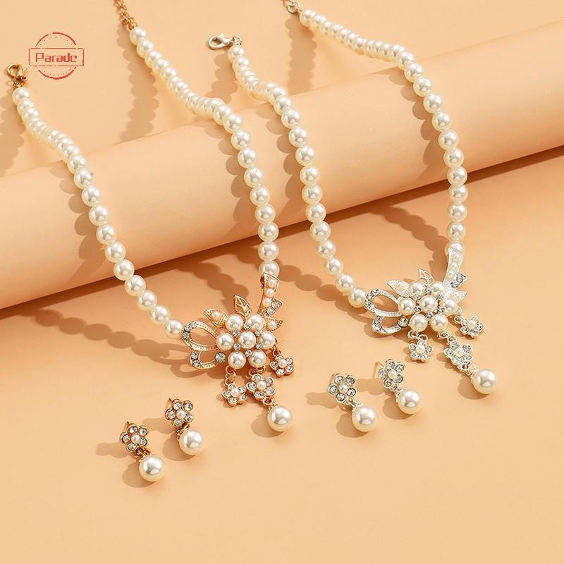 Diễu Hành 1 Bộ Vòng Cổ Nữ Đính Hạt Bóng Ngọc Trai Giả Kim Cương Giả Nhúng Hoa Vòng Cổ Bông Tai Bộ VN