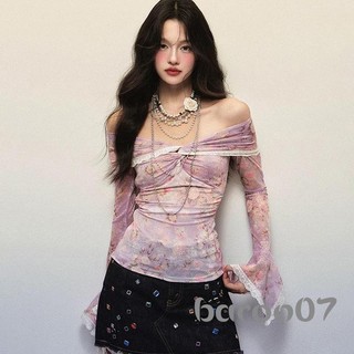 Áo thun nữ dài tay in hoa ren viền thuyền cổ lệch vai Áo sơ mi mùa xuân thu Slim Fit Áo thường ngày