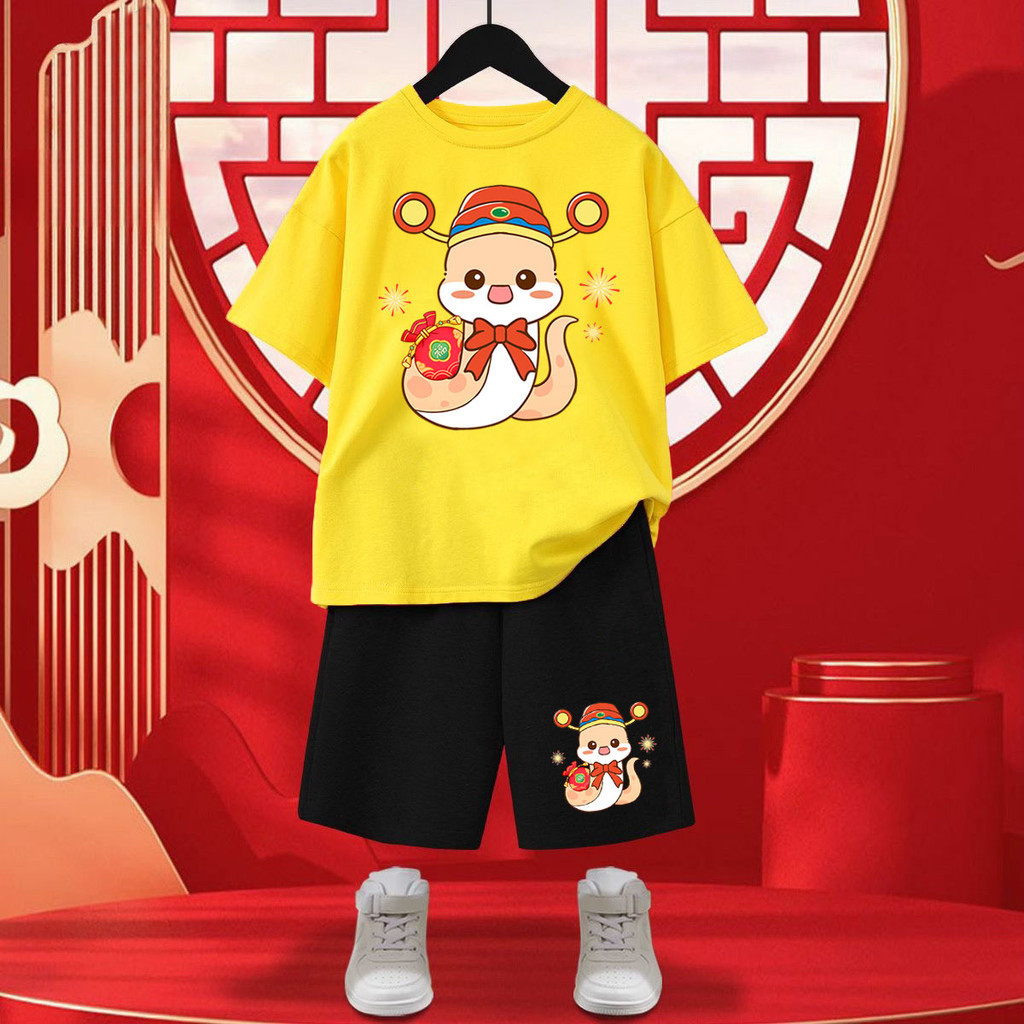 Bộ Áo thun in hình rắn năm 2025 CNY Áo phông & Quần đùi rộng ngoại cỡ cho trẻ em hoàn hảo cho lễ kỷ niệm Tết Nguyên Đán