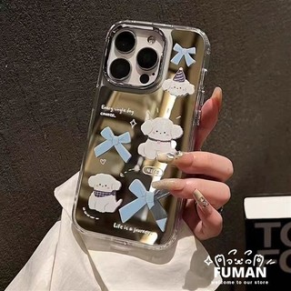 Ins Style Blue Bow Puppy Gương Trang Điểm Ốp lưng OPPO Reno 13 Pro 12 11 11F 10 9 8 7 SE Pro Plus 8Z 7Z 8T 6Z 5Z 5F 5K 4F 5 4 5G 4G Ốp Lưng Hoạt Hình Dễ Thương Vỏ chống sốc