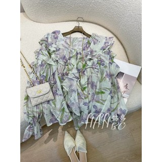 Voan Size Lớn Ba Chiều Xù Rời Phong Cách Hàng Ngày Pháp Cao Cấp In Hình Cổ Chữ V Áo Sơ Mi Top Hợp Thời Trang Phù Hợp Với