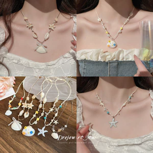 DREJEW Vỏ Sao Biển Ngọc Trai Vòng Cổ Đi Biển Phong Cách Kỳ Nghỉ Dây Xích Xương Đòn Mùa Hè Tươi Ngọt Ngào Cao Cấp Vòng Cổ