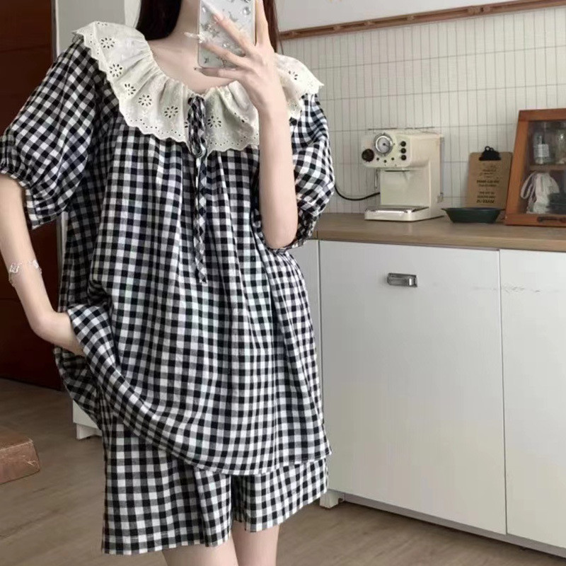 Bộ Đồ Ngủ Nữ Mùa Hè Ngắn Tay Quần Short Phong Cách Hàn Quốc Ngọt Ren Kẻ Sọc Nhà Quần Áo Phù Hợp Với Xuyên Biên Giới Ngoại Thương Nổ Trực Tiếp
